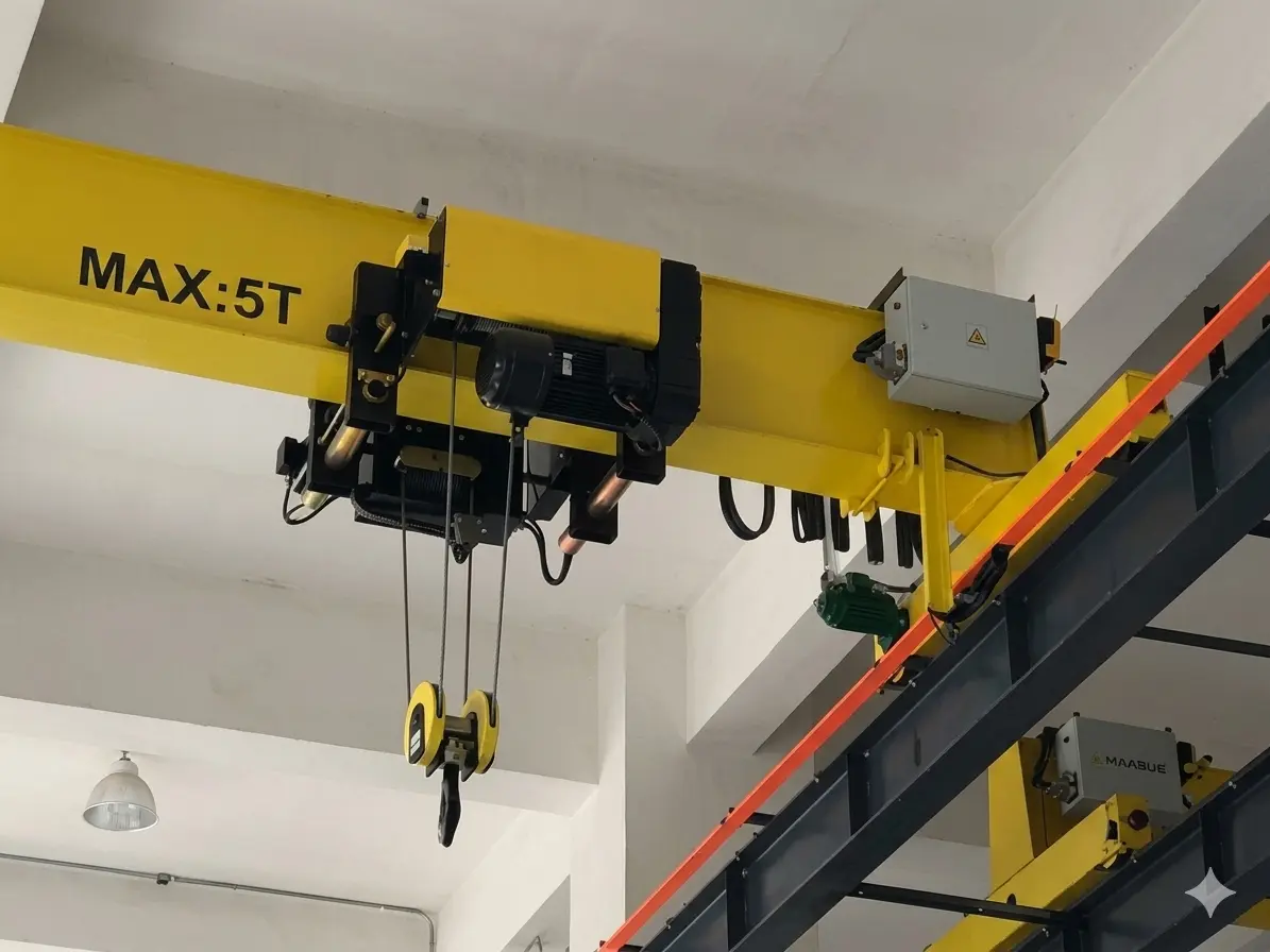 Yellow overhead crane with a 5-ton max capacity suspended from a ceiling in an industrial setting.