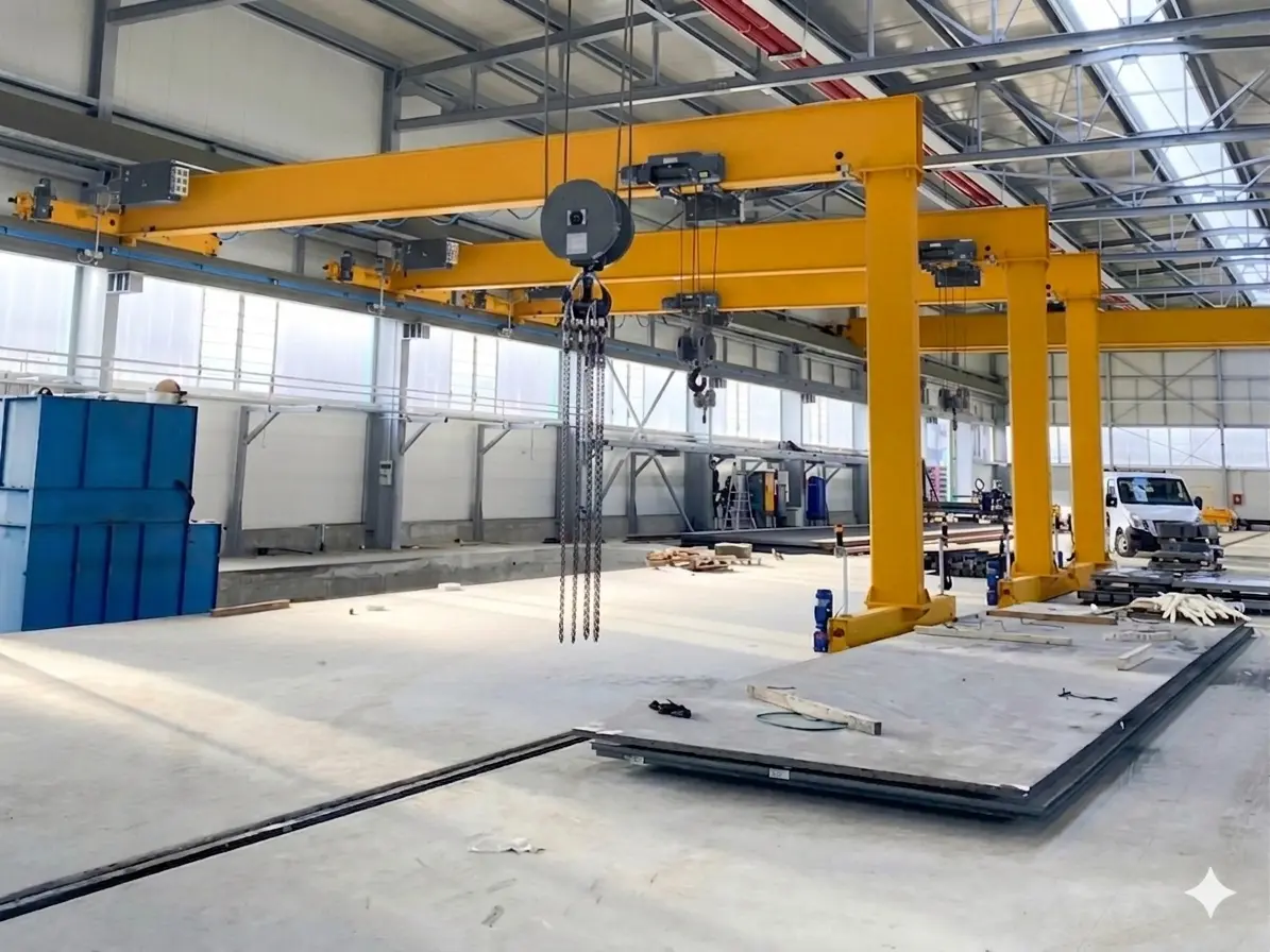 Interior of an industrial warehouse with yellow overhead cranes and large concrete panels on the floor.
